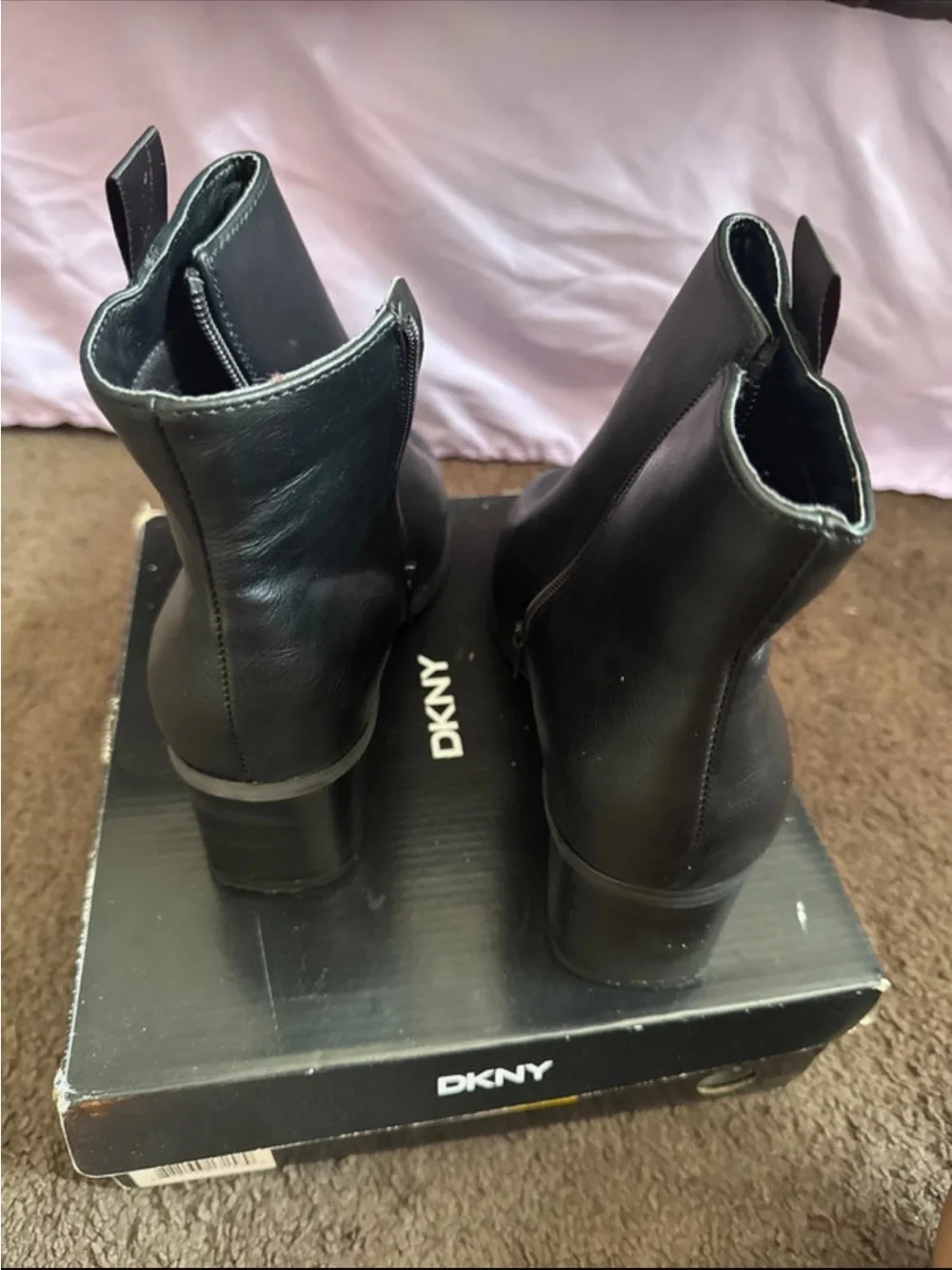 DKNY Black Leather Ankle Booties with Logo Strap